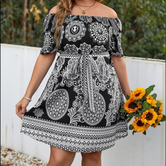 Boho Plus Size Chevron Mandala Floral Print off Shoulder Belted Dress - Picture 3 of 6